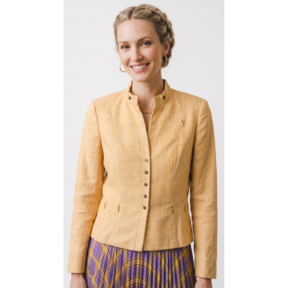 Akris Punto Butter Yellow 100% Linen Stand Collar Martingale Blazer Designer